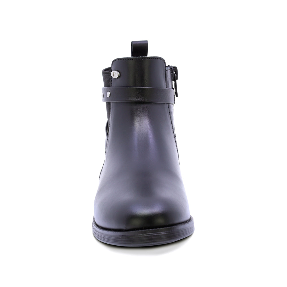 BOTA COQUETA PARA NIÑA DE PIEL COLOR NEGRO CANUTA CON TIRAS DECORATIVAS