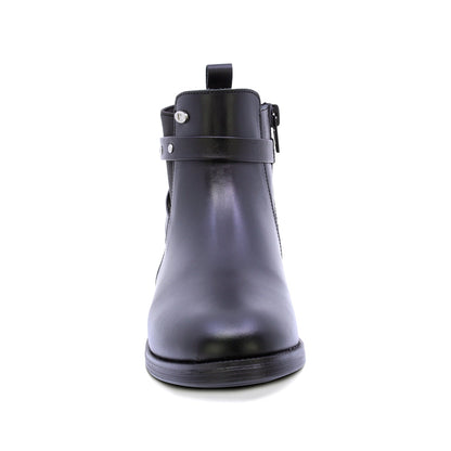 BOTA COQUETA PARA NIÑA DE PIEL COLOR NEGRO CANUTA CON TIRAS DECORATIVAS