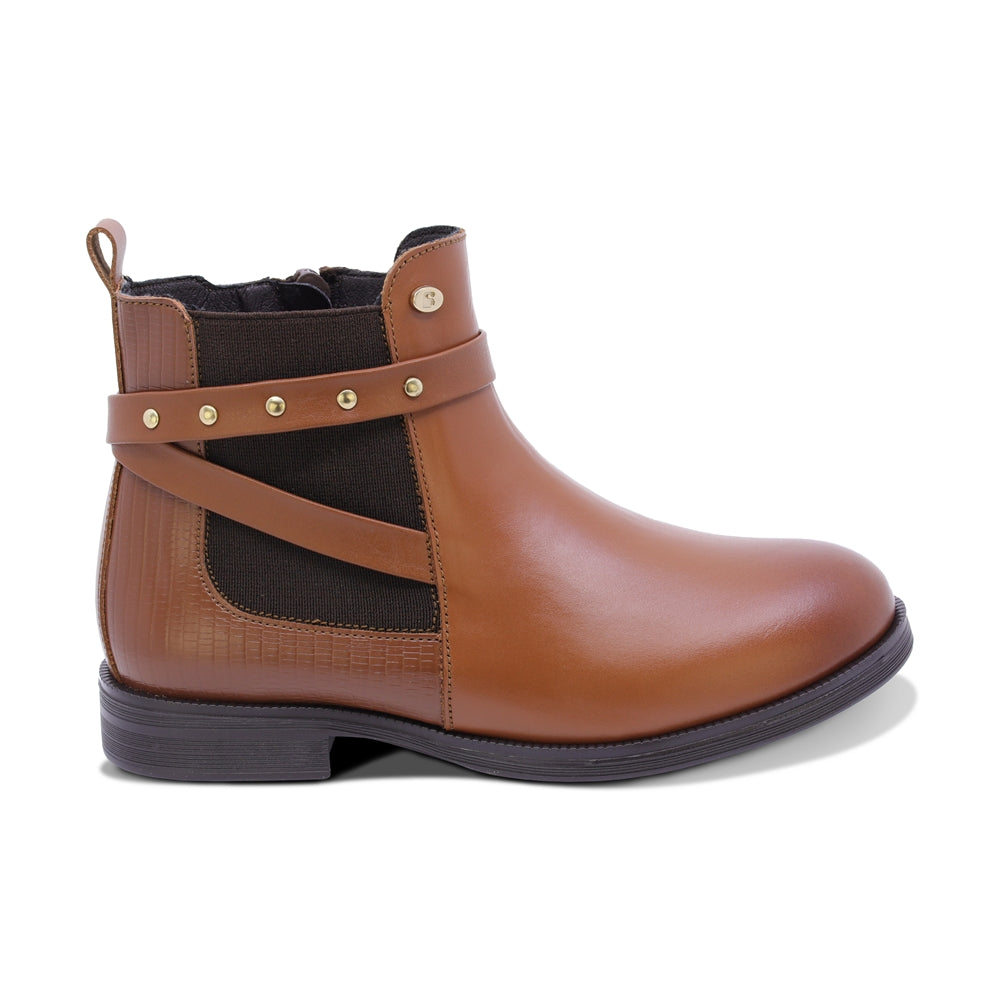 BOTA COQUETA PARA NIÑA DE PIEL COLOR MIEL CANUTA CON ESTOPEROLES