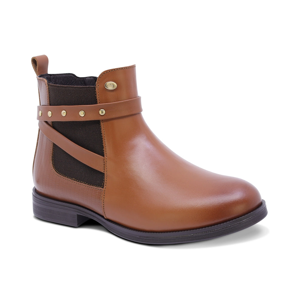 BOTA COQUETA PARA NIÑA DE PIEL COLOR MIEL CANUTA CON ESTOPEROLES