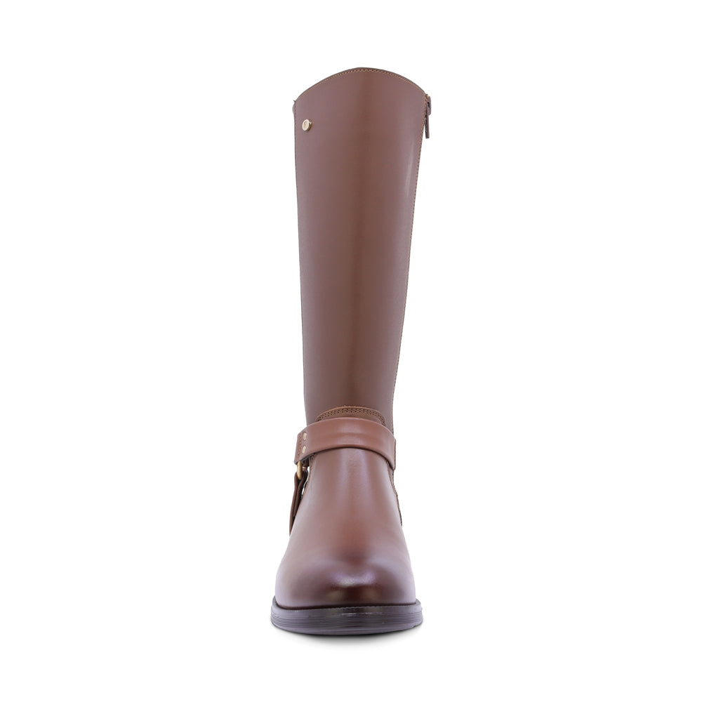 BOTA COQUETA PARA NIÑA DE SINTÉTICO COLOR CAFÉ CLARO CANUTA CON HERRAJE DORADO
