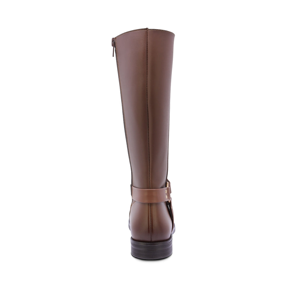 BOTA COQUETA PARA NIÑA DE SINTÉTICO COLOR CAFÉ CLARO CANUTA CON HERRAJE DORADO