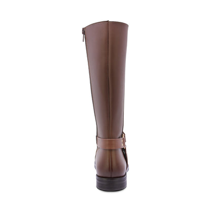 BOTA COQUETA PARA NIÑA DE SINTÉTICO COLOR CAFÉ CLARO CANUTA CON HERRAJE DORADO