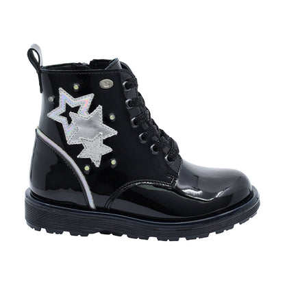 Botín Coqueta para niña Charol  Negro Elvis con estrellas decorativas