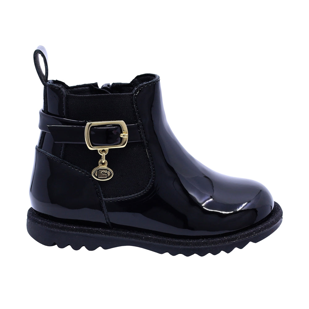 Bota Coqueta para niña en charol negro Rondy con hebilla decorativa