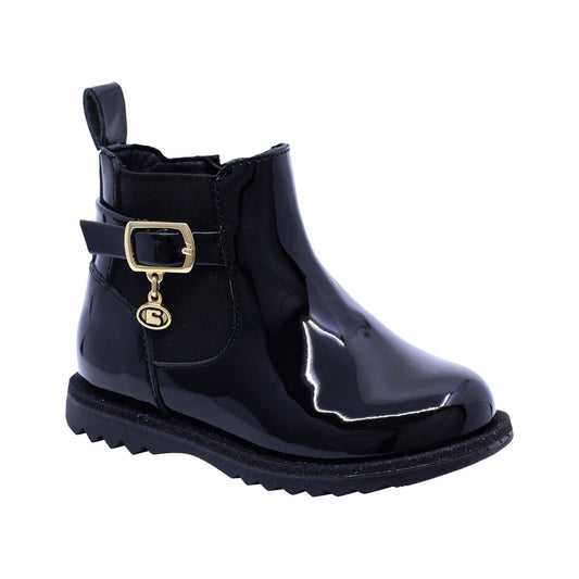 Bota Coqueta para niña en charol negro Rondy con hebilla decorativa