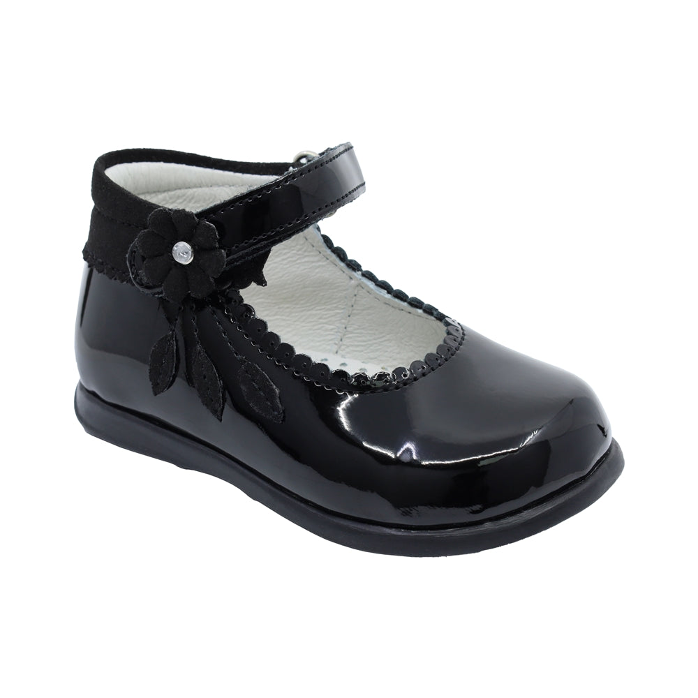 Botita Coqueta para niña de charol negro Pampa con adorno floral
