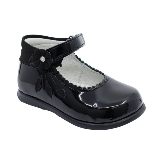 Botita Coqueta para niña de charol negro Pampa con adorno floral