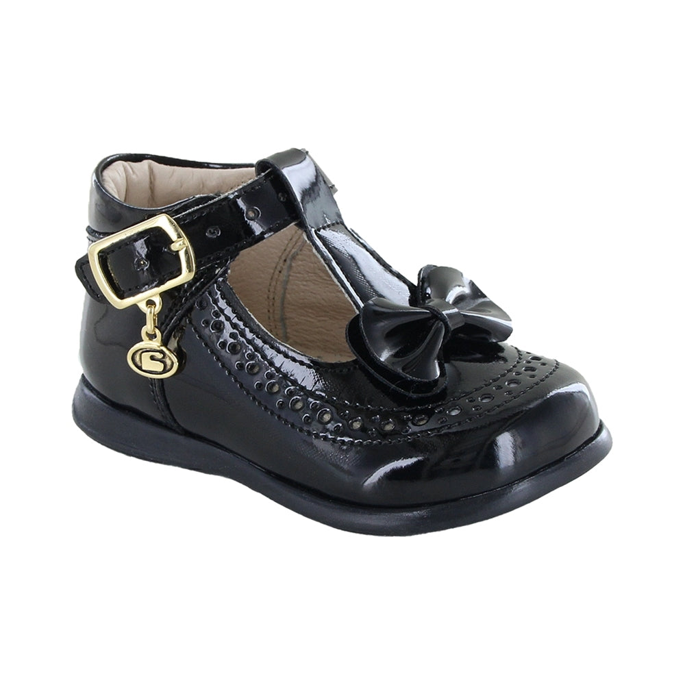 Zapato Coqueta para niña en charol negro Pampa con moño decorativo