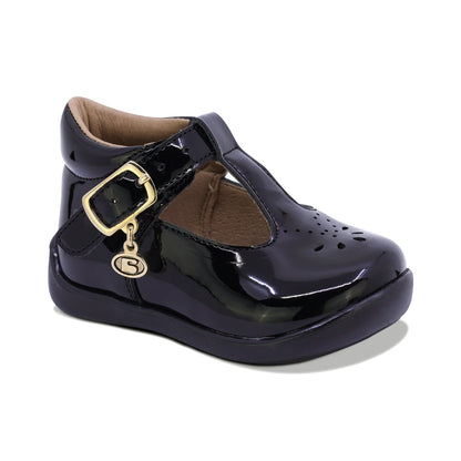 ZAPATO COQUETA PARA NIÑA EN CHAROL COLOR NEGRO PANAL CON HEBILLA