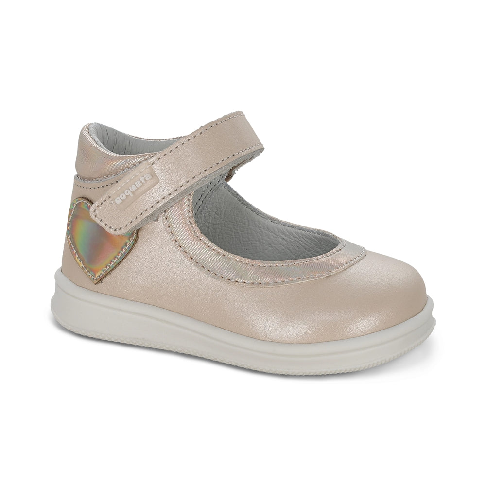 Zapato Coqueta para niña en piel beige Teddy con tira de contacto.