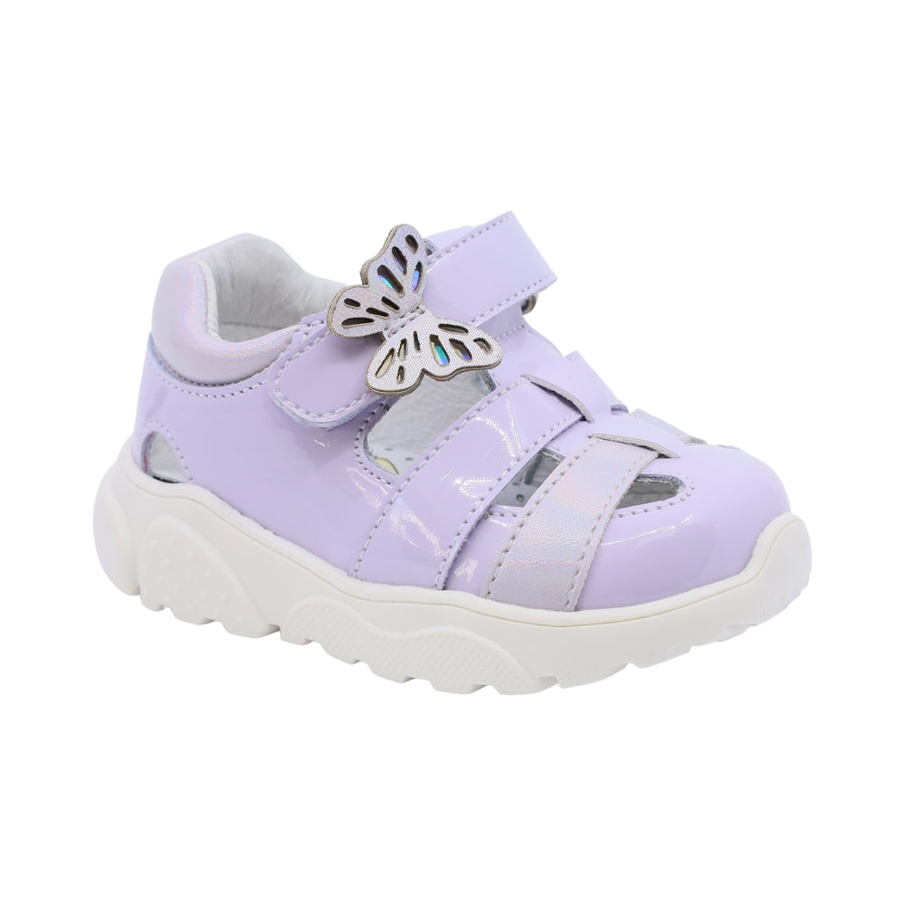 Sandalia Coqueta para niña en charol lila Zippy con mariposa decorativa