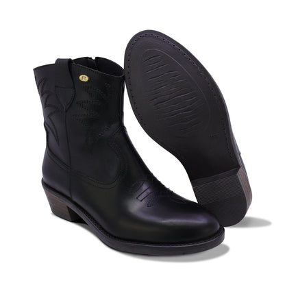 BOTINES COQUETA PARA NIÑA DE PIEL COLOR NEGRO MIRTA CON DISEÑO WESTERN