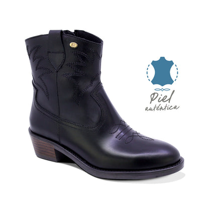 BOTINES COQUETA PARA NIÑA DE PIEL COLOR NEGRO MIRTA CON DISEÑO WESTERN