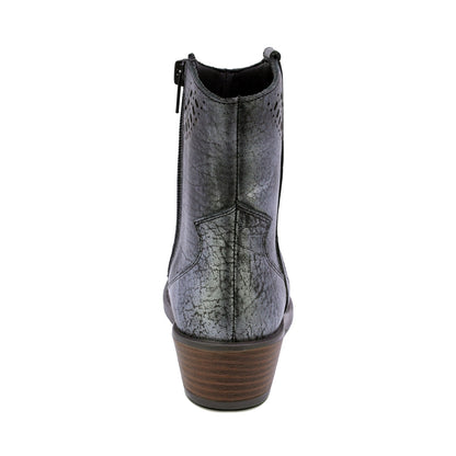 BOTINES COQUETA PARA NIÑA DE PIEL COLOR GRIS METÁLICO MIRTA CON DISEÑO WESTERN Y DETALLES CALADOS