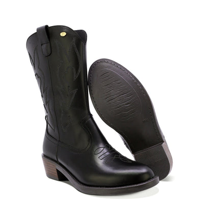 BOTAS COQUETA PARA NIÑA DE PIEL COLOR NEGRO MIRTA CON DISEÑO WESTERN Y BORDADO TONO A TONO